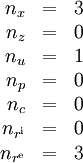 
\begin{array}{rcl}
n_x &=& 3\\
n_z &=& 0\\
n_u &=& 1\\
n_p &=& 0\\
n_c &=& 0\\
n_{r^\mathrm{i}} &=& 0\\
n_{r^\mathrm{e}} &=& 3
\end{array}

