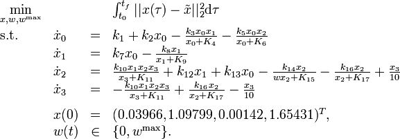 
\begin{array}{llcl}
 \displaystyle \min_{x, w, w^{\mathrm{max}}} & & & {\int_{t_0}^{t_f} || x(\tau) - \tilde{x} ||_2^2 \mathrm{d}\tau} \\[1.5ex]
 \mbox{s.t.} & \dot{x}_0 & = & k_1 + k_2 x_0 - \frac{k_3 x_0 x_1}{x_0 + K_4} -  \frac{k_5 x_0 x_2}{x_0 + K_6} \\
& \dot{x}_1 & = & k_7 x_0 - \frac{k_8 x_1}{x_1 + K_9} \\
& \dot{x}_2 & = & \frac{k_{10} x_1 x_2 x_3}{x_3 + K_{11}} + k_{12} x_1 + k_{13} x_0 - \frac{k_{14} x_2}{{w} x_2 + K_{15}} - \frac{k_{16} x_2}{x_2 + K_{17}} + \frac{x_3}{10} \\
& \dot{x}_3 & = & - \frac{k_{10} x_1 x_2 x_3}{x_3 + K_{11}} + \frac{k_{16} x_2}{x_2 + K_{17}} - \frac{x_3}{10} \\[1.5ex]
 & x(0) &=& (0.03966, 1.09799, 0.00142, 1.65431)^T, \\
 & w(t) &\in&  \{0, w^{\mathrm{max}}\}.
\end{array} 
