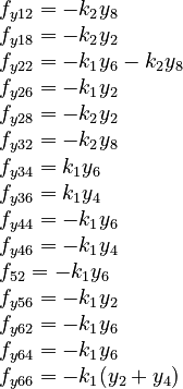 
 \begin{array}{l}
 f_{y12} = -k_2 y_8 \\
 f_{y18} = -k_2 y_2 \\
 f_{y22} = -k_1 y_6 - k_2 y_8 \\
 f_{y26} = -k_1 y_2 \\
 f_{y28} = -k_2 y_2 \\
 f_{y32} = -k_2 y_8 \\
 f_{y34} = k_1 y_6 \\
 f_{y36} = k_1 y_4 \\
 f_{y44} = -k_1 y_6 \\
 f_{y46} = -k_1 y_4 \\
 f_{52} = -k_1 y_6 \\
 f_{y56} = -k_1 y_2 \\
 f_{y62} = -k_1 y_6 \\
 f_{y64} = -k_1 y_6 \\
 f_{y66} = -k_1 (y_2 + y_4)
 \end{array}
