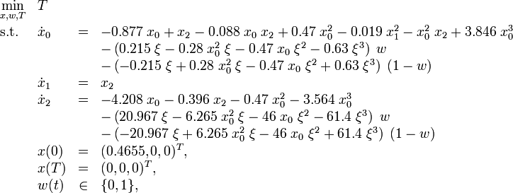 
\begin{array}{llcl}
 \displaystyle \min_{x, w, T} & T \\[1.5ex]
 \mbox{s.t.} & \dot{x}_0 &=& -0.877 \; x_0 + x_2 - 0.088 \; x_0 \; x_2 + 0.47 \; x_0^2 - 0.019 \; x_1^2 - x_0^2 \; x_2 + 3.846 \; x_0^3 \\
&&&           - \left( 0.215 \; \xi - 0.28 \; x_0^2 \; \xi - 0.47 \; x_0 \; \xi^2 - 0.63 \; \xi^3 \right) \; w \\ 
&&&           - \left( - 0.215 \; \xi + 0.28 \; x_0^2 \; \xi - 0.47 \; x_0 \; \xi^2 + 0.63 \; \xi^3 \right) \; (1 - w) \\ 
& \dot{x}_1 &=& x_2 \\
& \dot{x}_2 &=& -4.208 \; x_0 - 0.396 \; x_2 - 0.47 \; x_0^2 - 3.564 \; x_0^3 \\
&&&           - \left( 20.967 \; \xi - 6.265 \; x_0^2 \; \xi -46 \; x_0 \; \xi^2 - 61.4 \; \xi^3 \right) \; w \\ 
&&&           - \left( - 20.967 \; \xi + 6.265 \; x_0^2 \; \xi -46 \; x_0 \; \xi^2 + 61.4 \; \xi^3 \right) \; (1 - w) \\ 
 & x(0) &=& (0.4655,0,0)^T, \\
 & x(T) &=& (0,0,0)^T, \\
 & w(t) &\in& \{0,1\},
\end{array} 
