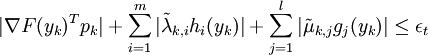 |\nabla F(y_k)^T p_k| + \sum_{i=1}^{m} |\tilde{\lambda}_{k,i}h_i(y_k)| + \sum_{j=1}^{l} | \tilde{\mu}_{k,j}g_j(y_k)| \le \epsilon_t