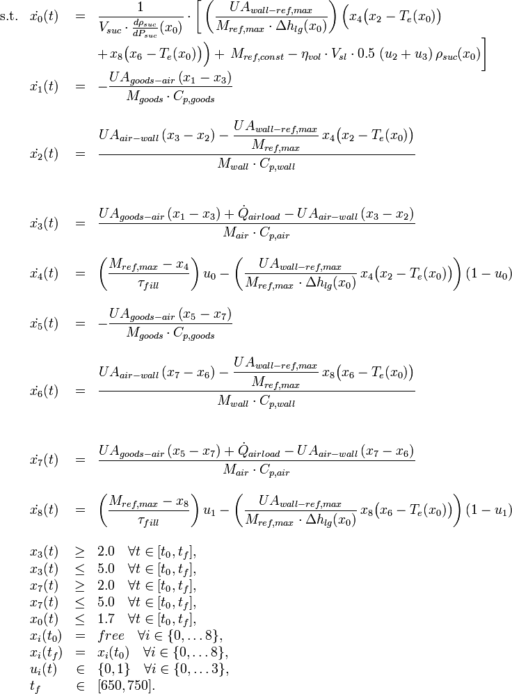 
\begin{array}{llcl}
 \displaystyle 
 \mbox{s.t.} & \dot{x_0}(t) &=&  \dfrac{1}{V_{suc} \cdot \frac{d\rho_{suc}}{dP_{suc}}(x_0)} \cdot \bigg[ 
                    \left(\dfrac{UA_{wall-ref, max}}{M_{ref, max} \cdot
                    \Delta h_{lg}(x_0)}\right) \Big( x_4 \big( x_2 - T_e(x_0) \big)\\ 
&           &&  + \, x_8 \big( x_6 - T_e(x_0) \big) \Big) + \, M_{ref,const}   - \eta_{vol} \cdot V_{sl} \cdot 0.5 \, \left(u_2+u_3\right) \rho_{suc}(x_0) 
                \bigg] \\
 &\dot{x_1}(t) &=&  - \dfrac{
                    UA_{goods-air} \left( x_1 - x_3 \right)
}{
                    M_{goods} \cdot C_{p,goods} 
} \\ \\
 &\dot{x_2}(t) &=&  \dfrac{
                    UA_{air-wall} \left( x_3-x_2 \right)
                    - \dfrac{UA_{wall-ref,max}}{M_{ref,max}}
                    \, x_4 \big( x_2 - T_e(x_0) \big)
}{
                    M_{wall} \cdot C_{p,wall}
} \\ \\  \\
&\dot{x_3}(t) &=&  \dfrac{
                    UA_{goods-air} \left( x_1-x_3 \right) + \dot{Q}_{airload}
                     - UA_{air-wall} \, (x_3-x_2)
}{
                    M_{air} \cdot C_{p,air}
} \\ \\
&\dot{x_4}(t) &=&   \left(\dfrac{M_{ref,max} - x_4}{\tau_{fill}} \right) u_0
                    - \left( \dfrac{UA_{wall-ref,max}}{M_{ref,max} \cdot \Delta h_{lg}(x_0)} \,
                    x_4 \big( x_2 - T_e(x_0) \big) \right) (1-u_0)
                 \\ \\
&\dot{x_5}(t) &=&  - \dfrac{
                    UA_{goods-air} \left( x_5 - x_7 \right)
}{
                    M_{goods} \cdot C_{p,goods} 
} \\ \\
 &\dot{x_6}(t) &=&  \dfrac{
                    UA_{air-wall} \left( x_7-x_6 \right)
                    - \dfrac{UA_{wall-ref,max}}{M_{ref,max}}
                    \, x_8 \big( x_6 - T_e(x_0) \big)
}{
                    M_{wall} \cdot C_{p,wall}
} \\ \\  \\
&\dot{x_7}(t) &=&  \dfrac{
                    UA_{goods-air} \left( x_5-x_7 \right) + \dot{Q}_{airload}
                     - UA_{air-wall} \, (x_7-x_6)
}{
                    M_{air} \cdot C_{p,air}
} \\ \\
&\dot{x_8}(t) &=&   \left(\dfrac{M_{ref,max} - x_8}{\tau_{fill}} \right) u_1
                    - \left( \dfrac{UA_{wall-ref,max}}{M_{ref,max} \cdot \Delta h_{lg}(x_0)} \,
                    x_8 \big( x_6 - T_e(x_0) \big) \right) (1-u_1)
                 \\ \\

 & x_3(t) &\geq& 2.0 \quad \forall t \in [t_0, t_f],\\
 & x_3(t) &\leq& 5.0 \quad \forall t \in [t_0, t_f],\\
 & x_7(t) &\geq& 2.0 \quad \forall t \in [t_0, t_f],\\
 & x_7(t) &\leq& 5.0 \quad \forall t \in [t_0, t_f],\\
 & x_0(t) &\leq& 1.7 \quad \forall t \in [t_0, t_f], \\
 & x_i(t_0) &=& free \quad \forall i \in \{0,\dots 8\}, \\
 & x_i(t_f) &=& x_i(t_0) \quad \forall i \in \{0,\dots 8\}, \\
 & u_i(t)   &\in&  \{0, 1\} \quad \forall i \in \{0,\dots 3\}, \\
 & t_f    &\in& [ 650, 750 ]. \\

\end{array} 

