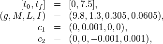 
\begin{array}{rcl}
[t_0, t_f] &=& [0, 7.5],\\
(g, M, L, I) &=& (9.8, 1.3, 0.305, 0.0605),\\
c_1 &=& (0,0.001,0,0),\\
c_2 &=& (0,0,-0.001,0.001),
\end{array}
