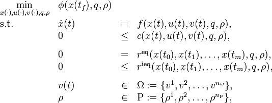 
\begin{array}{llcl}
 \displaystyle \min_{x(\cdot), u(\cdot), v(\cdot), q, \rho} & \phi(x(t_f), q, \rho) \\[1.5ex]
 \mbox{s.t.} & \dot{x}(t) & = & f(x(t), u(t), v(t), q, \rho), \\
 & 0 &\le& c(x(t),u(t),v(t), q, \rho), \\[1.5ex]
 & 0 &=& r^{\text{eq}}(x(t_0),x(t_1), \dots, x(t_m), q, \rho), \\
 & 0 &\le& r^{\text{ieq}}(x(t_0),x(t_1), \dots, x(t_m), q, \rho), \\[1.5ex]
 & v(t) &\in& \Omega := \{v^1, v^2, \dots, v^{n_\omega} \},\\
 & \rho &\in& \Rho := \{\rho^1, \rho^2, \dots, \rho^{n_\Rho} \},
\end{array} 
