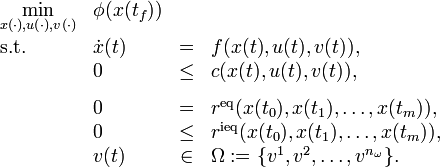 
\begin{array}{llcl}
 \displaystyle \min_{x(\cdot), u(\cdot), v(\cdot)} & \phi(x(t_f)) \\[1.5ex]
 \mbox{s.t.} & \dot{x}(t) & = & f(x(t), u(t), v(t)), \\
 & 0 &\le& c(x(t),u(t),v(t)), \\[1.5ex]
 & 0 &=& r^{\text{eq}}(x(t_0),x(t_1), \dots, x(t_m)), \\
 & 0 &\le& r^{\text{ieq}}(x(t_0),x(t_1), \dots, x(t_m)), \\
 & v(t) &\in& \Omega := \{v^1, v^2, \dots, v^{n_\omega} \}.
\end{array} 

